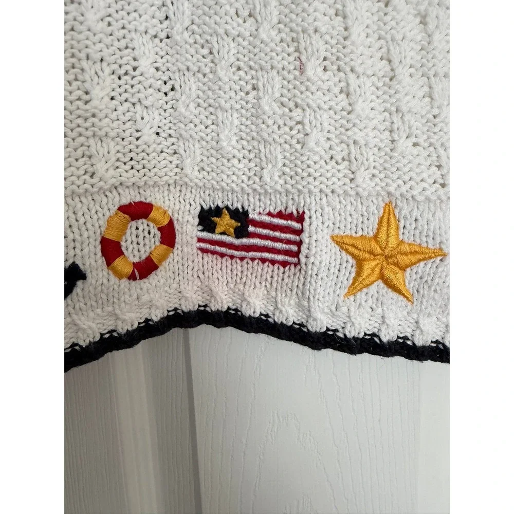 Marisa Christina Petite Nautical Hand Knit Sweater‎ Vest White Ramie Cotton Vtg